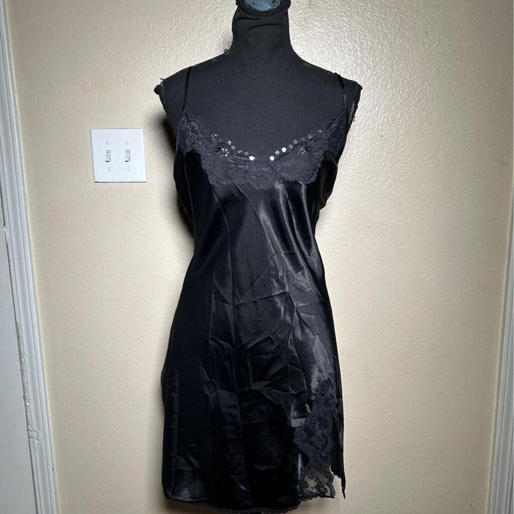 Gilligan O'Malley Satin Slip Dress Black Lace Sequin Trim Y2K Lingerie Large